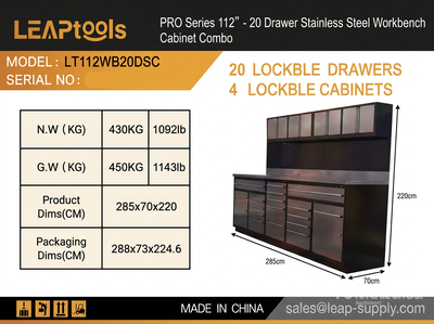 2026 LEAPtools LT112WB20DSC 2850 mm 20-Drawer Pro Series Workbench (Unused)