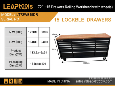 2026 LEAPtools LT72WB15DR 1836 mm 15-Drawer Workbench (Unused)
