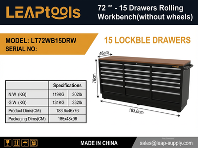 2026 LEAPtools LT72WB15DRW 1836 mm 15-Drawer Tool Cabinet (Unused)
