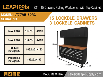 2026 LEAPtools LT72WB15DRC 1836 mm 15-Drawer Tool Cabinet (Unused)