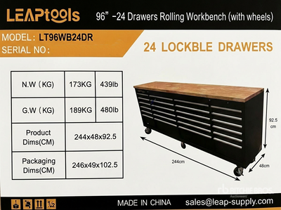 2026 LEAPtools LT96WB24DR 2440 mm 24-Drawer Workbench (Unused)