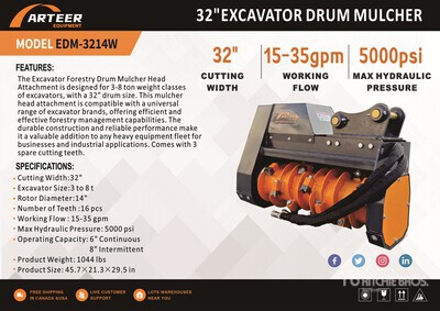 2026 ARTEER EDM-3214W 32 in Excavator Drum Mulcher Accessoire divers pour excavatrice - Fits 3 - 8 ton (Unused)