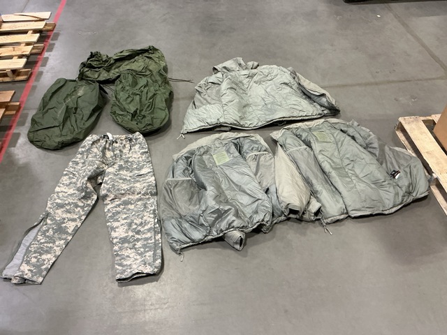 (10) Extreme Cold Weather Parkas, (8) Clothing Bags & Assorted Items