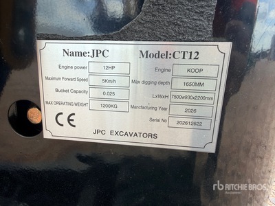 2026 JPC CT12 Mini Excavator (Unused)