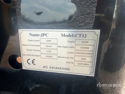 2026 JPC CT12 Mini Excavator (Unused)