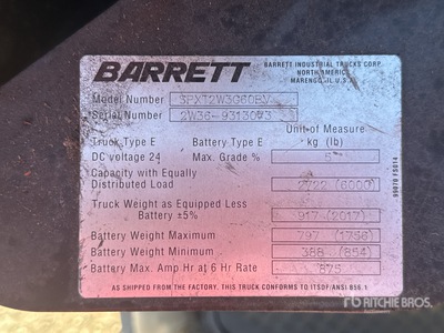 2012 Barrett SPXT2W3G60BV 6000 lb Electric Pallet Jack