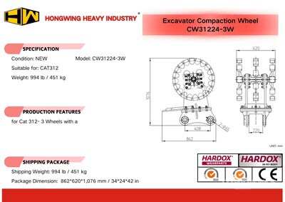 2026 HW CW31224-3W 24 in Excavator Compaction Wheel - Fits Cat 312 (Unused)