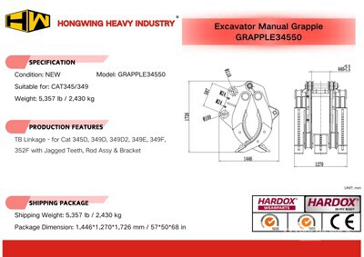 2026 HW GRAPPLE34550 50 in Manual Excavator Grapple - Fits Cat 345, 349 (Unused)