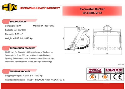 2026 HW BKTCAT33072HD 72 in Heavy Duty Digging Excavator Bucket - Fits Cat 330 (Unused)