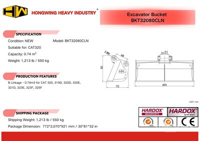 2026 HW BKT32080CLN 80 in 0.74 m3 Cleanup Excavator Bucket - Fits Cat 320 (Unused)