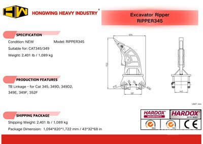 2026 HW RIPPER345 Excavator Ripper - Fits Cat 345, 349 (Unused)