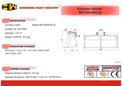 2026 HW BKT336D90CLN 90 in 1.20 m3 Cleanup Excavator Bucket - Fits Cat 336D (Unused)