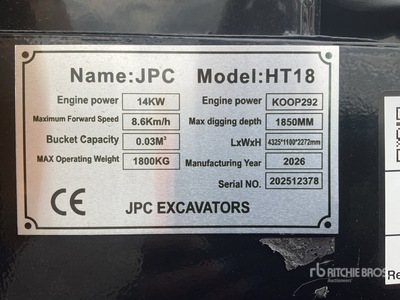 JPC HT18 Mini Excavator (Unused)