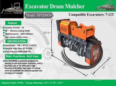 2026 Hard Farm HFEDM36 36 in Excavator Mulcher Accessoire divers pour excavatrice - Fits Cat 306, 307 / 7 - 12 ton (Unused)