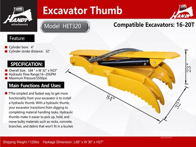 2026 Handy HET320 Excavator Thumb - Fits 16 - 20 ton (Unused)