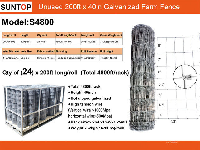 Quantity of (24) 2026 SUNTOP S4800 200 ft x 40 in Galvanized Farm Fencing (Unused)