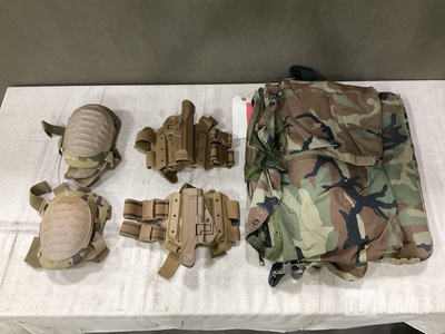 (64) Pairs of Knee Pads, (9) Pistol Holsters & Assorted Items