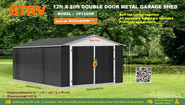 2026 STARVOX CP1220 12 ft x 20 ft Metal Garage Shed (Unused)