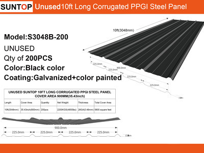 Quantity of (200) 2026 SUNTOP S3048B-200 35 in x 10 ft Corrugated PPGI Steel Panel その他 - 店舗 & 倉庫 (Unused)