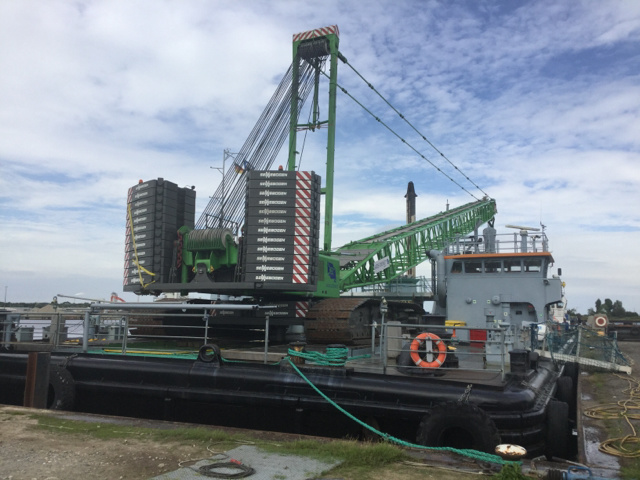 Self Propelled Seagoing Pontoon w/ 2014 Sennebogen Lattice Boom Crawler Crane Self Propelled Seagoing Pontoon w/ 2014 Sennebogen Lattice Boom Crawler Crane