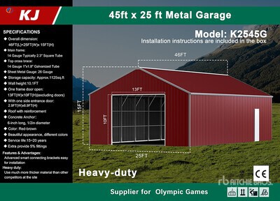 2026 KJ K2545G 25 ft x 45 ft Metal Garage 貯蔵庫 (Unused)