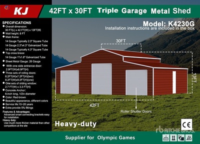 2026 KJ K4230G 42 ft x 30 ft Triple Garage Metal Shed (Unused)