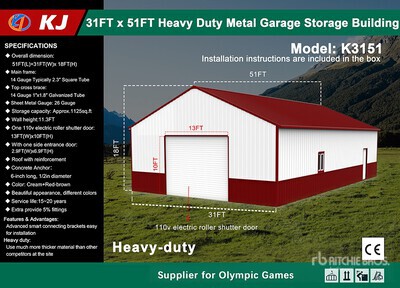 2026 KJ K3151 31 ft x 51 ft Heavy Duty Metal Garage Opslag Gebouw (Unused)