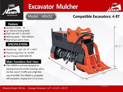 2026 Handy HEM32 36 in Excavator Mulcher - Fits 4 - 8 ton (Unused)