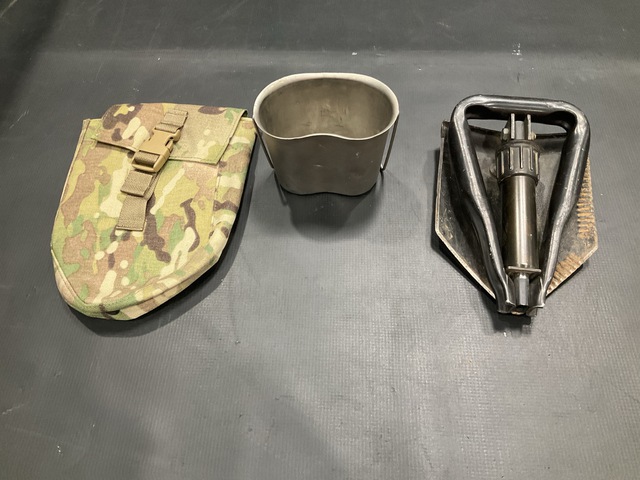 (86) Entrenching Tools, (44) Water Canteen Cups & Assorted Items