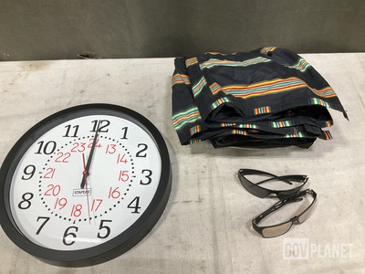 (3) Clocks, (43) Assorted Clothing, (4) Assorted Sunglasses & Assorted Items