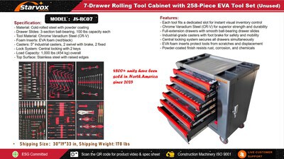 2026 STARVOX JS-RC07 Tool Cart w/ (258) pcs Tool Set Divers (Unused)