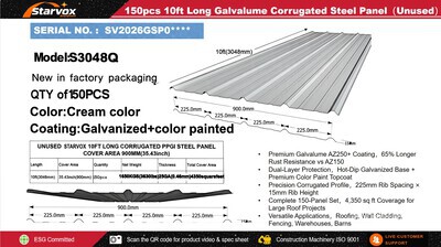 Quantity of (150) 2026 STARVOX S3048Q Galvalume Corrugated Steel Panels (Unused)