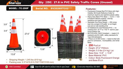 Quantity of (250) 2026 STARVOX TC-250P 28 in PVC Safety Traffic Cones (Unused)