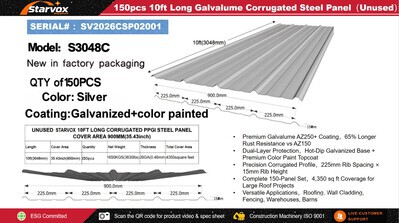 Quantity of (150) 2026 STARVOX S3048C Galvalume Corrugated Steel Panels (Silver) (Unused)