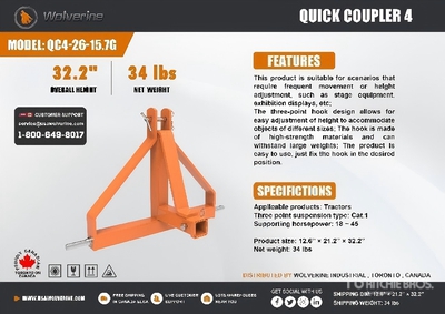 2026 Wolverine QC4-26-15.7G Quick Coupler 4 3-Point Hitch (Unused)