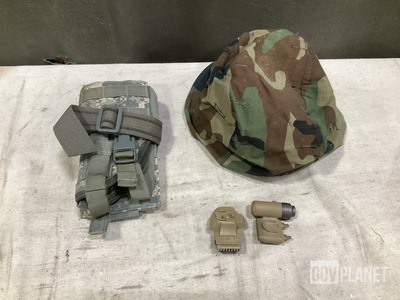 (5) Helmet Lights, (7) Pistol Holsters, (70) Covers & Assorted Items