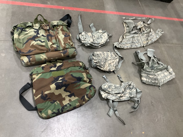 (9) Helmet Bags, (20) Fighting Load Carriers, (38) Waist Packs & Assorted Items