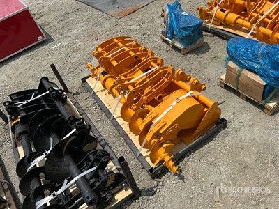 Quantity of (8) 2026 GIYI GYA-8 Mini Excavator Attachments , rake , ripper, 12in auger, 16in auger, 8in narrow bucket, 24in bucket, 32in bucket (Unused)
