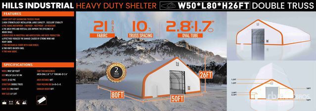 2026 HIlls Industrial 805026 50 ft x 80 ft x 26 ft Storage Building (Unused)