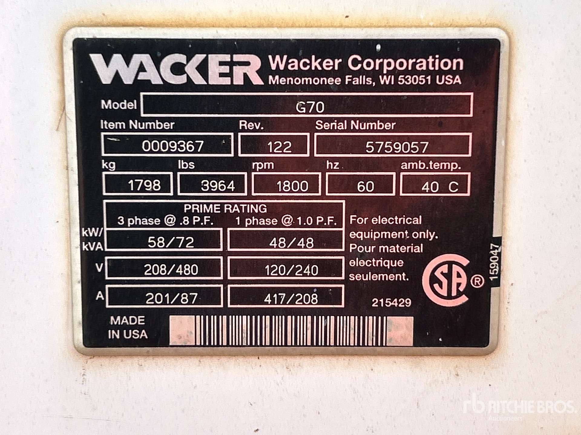 2007 Wacker G70 Skid-Mounted Generator Set (Inoperable)