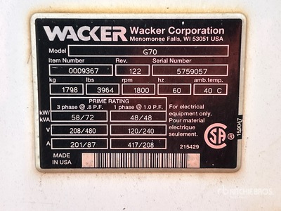 2007 Wacker G70 Skid-Mounted Zestaw prądotwórczy (Inoperable)