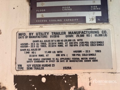 2017 Utility VS2RA 53 ft T/A Refrigerated Trailer