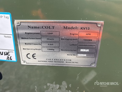 2026 Colt KV13 Mini Excavator (Unused)