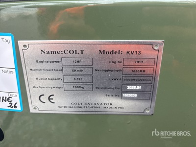 2026 Colt KV13 Mini Excavator (Unused)