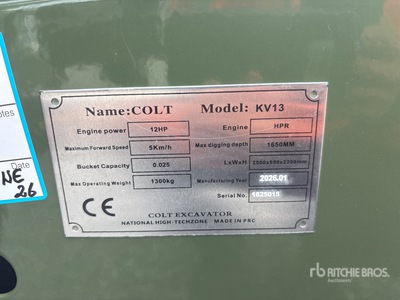 2026 Colt KV13 Mini Excavator (Unused)