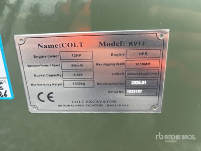 2026 Colt KV13 Mini Excavator (Unused)