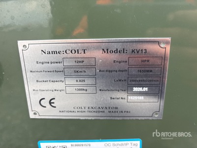 2026 Colt KV13 Mini Excavator (Unused)