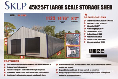 2026 SKLP SK-SS45 45 ft x 25 ft Double Garage Metal Shed (Unused)