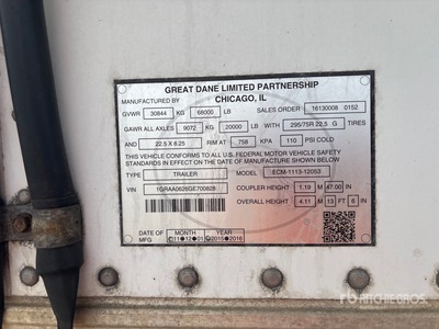 2016 Great Dane ECM-1113-12053 53 ft x 102 in T/A مقطورة مبردة