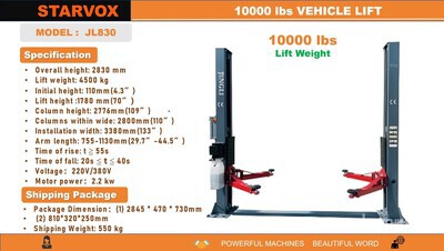 2025 STARVOX JL830 2 Post 10000 lb Vehicle Lift (Unused)